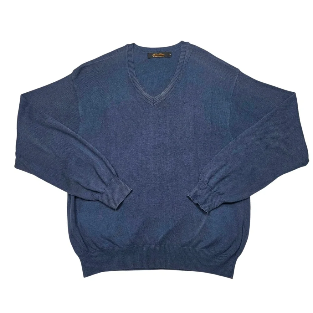Brooks Brothers Sweater Mens Large Blue V-Neck Cotton Knit Made in USA Pullover